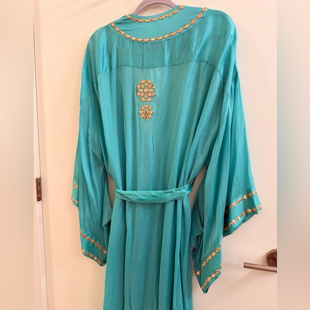 Chic Turquoise Maxi Dress/Kimono with Gold Accents - Picture 3 of 8